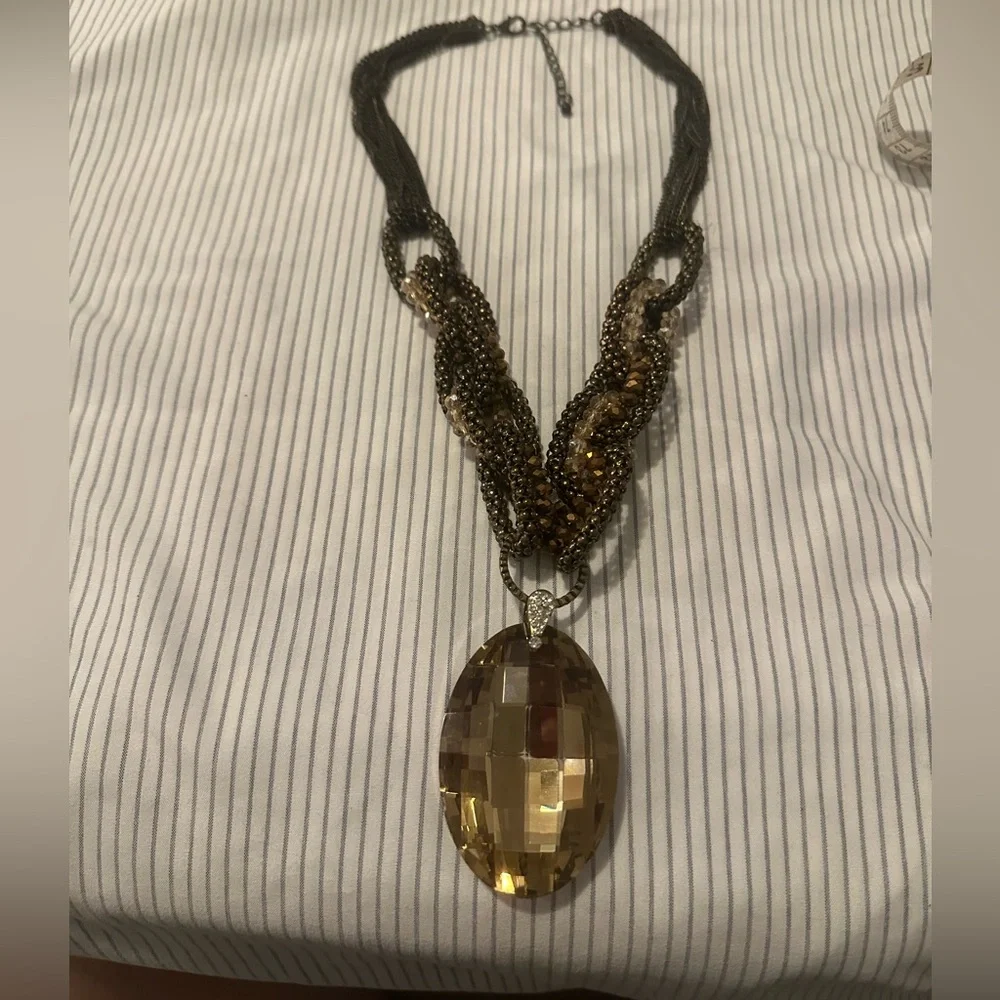 Chico’s Multi Strand Bead Rhinestone Oval Faceted Smoky Topaz Pendant Necklace - Picture 2 of 10
